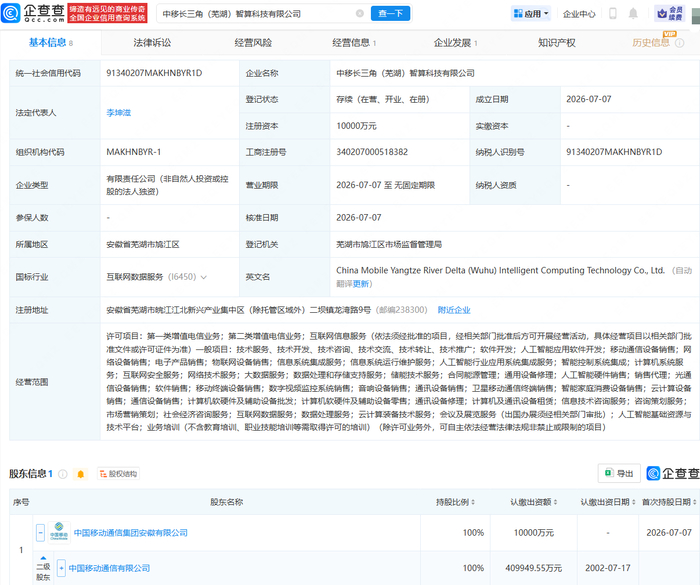 中国移动成立长三角智算科技公司，注册资本1亿元